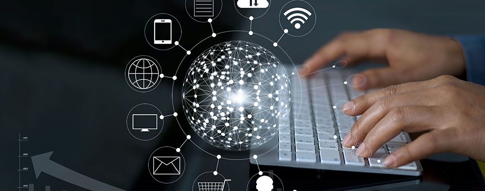 Man using computer payments online shopping and icon customer ne Man using computer payments online shopping and icon customer network connection with graph statistic on screen, m-banking and omni channel